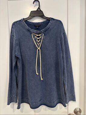 Lane Bryant Washed Blue Lace-Up Long Sleeve Pullover